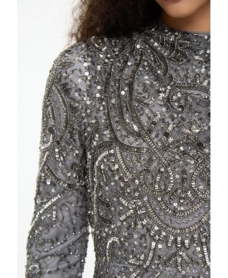 Women's Modest Embellished Sequin Beaded Dress Maxi With Cowl Neck