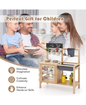 Outdoor Wooden Mud Kitchen Playset with Sink and Plant Observation Area - Natural