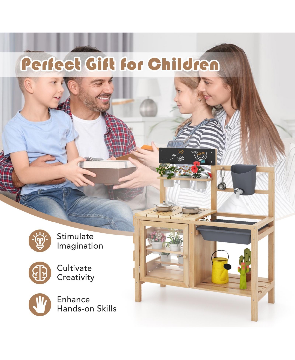 Hongge Outdoor Wooden Mud Kitchen Playset with Sink and Plant Observation Area - Natural