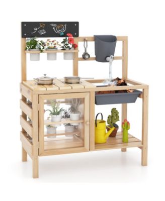Outdoor Wooden Mud Kitchen Playset with Sink and Plant Observation Area - Natural