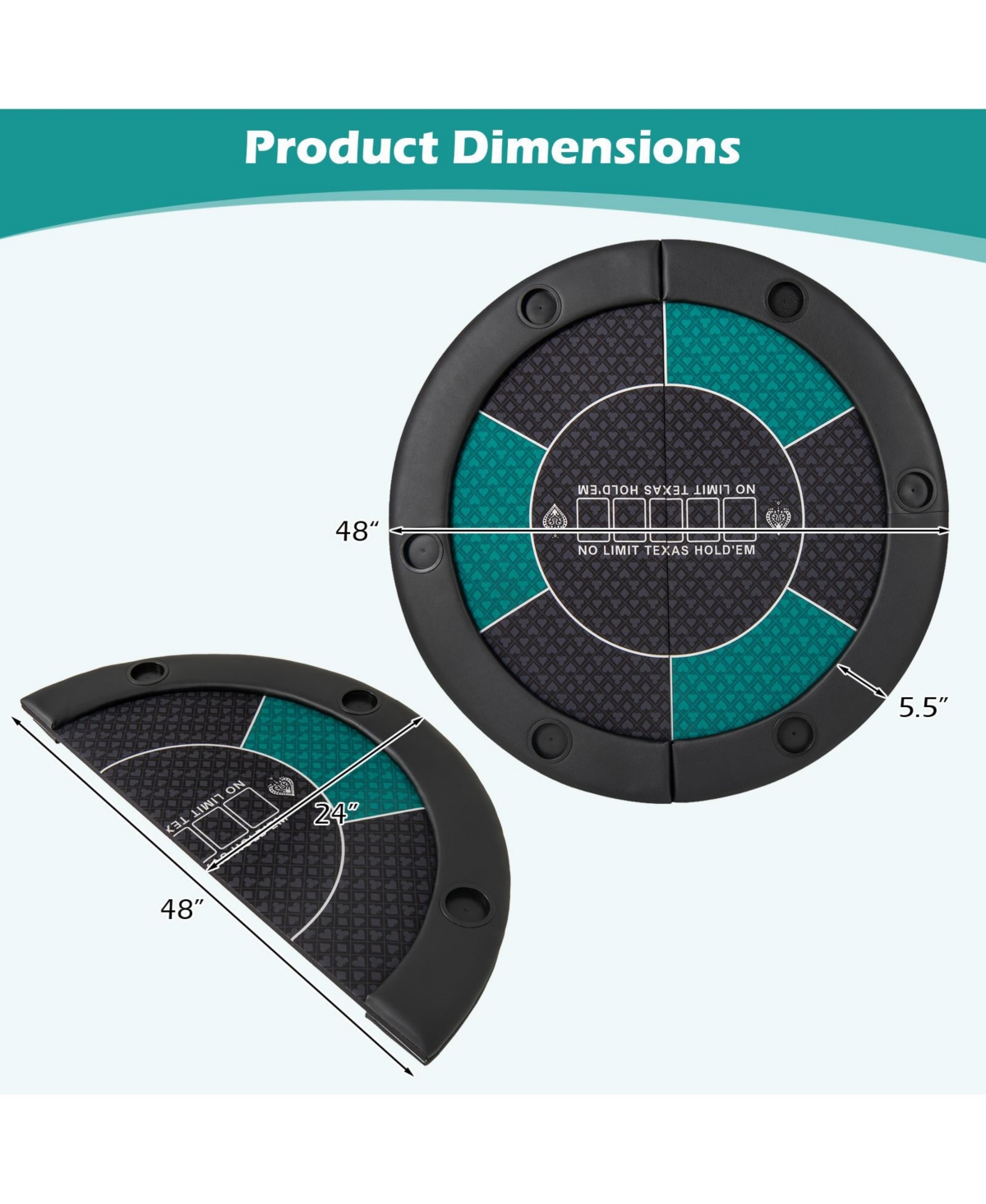 Hongge 48-Inch Foldable Poker Table Top for 6 Players with Cup Holders and Carry Bag