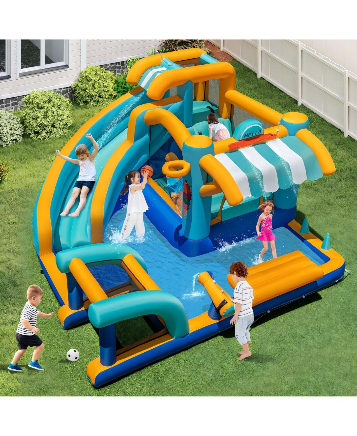 Детская игрушка HONGGE Inflatable Water Slide Bounce House with Ice Cream Theme, Splash Pool and 750W Blower, Ages 3+, цвет: Colorful — фото 5