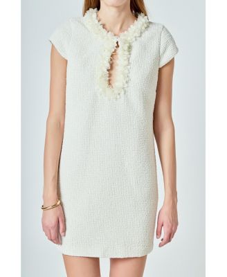 Women's Tweed Shift Dress with Floral Trim