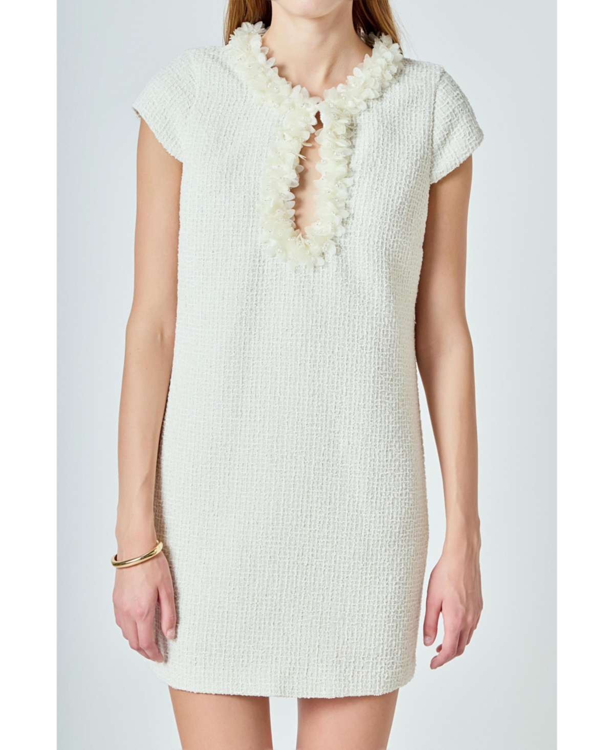 endless rose Women's Tweed Shift Dress with Floral Trim