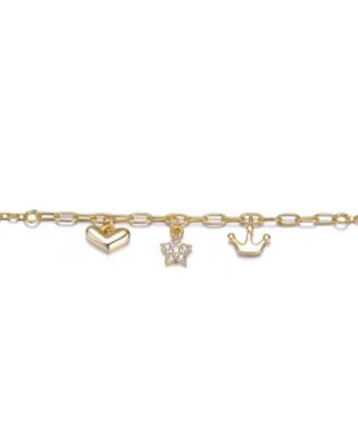 14K Gold Plated with Clear Cubic Zirconia Heart, Star, & Crown Charm Anklet