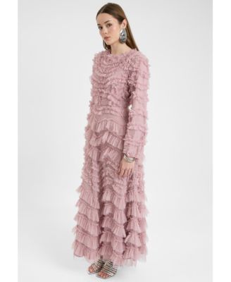 Women's Modest Ruffle Dress Maxi With Self Print Mesh