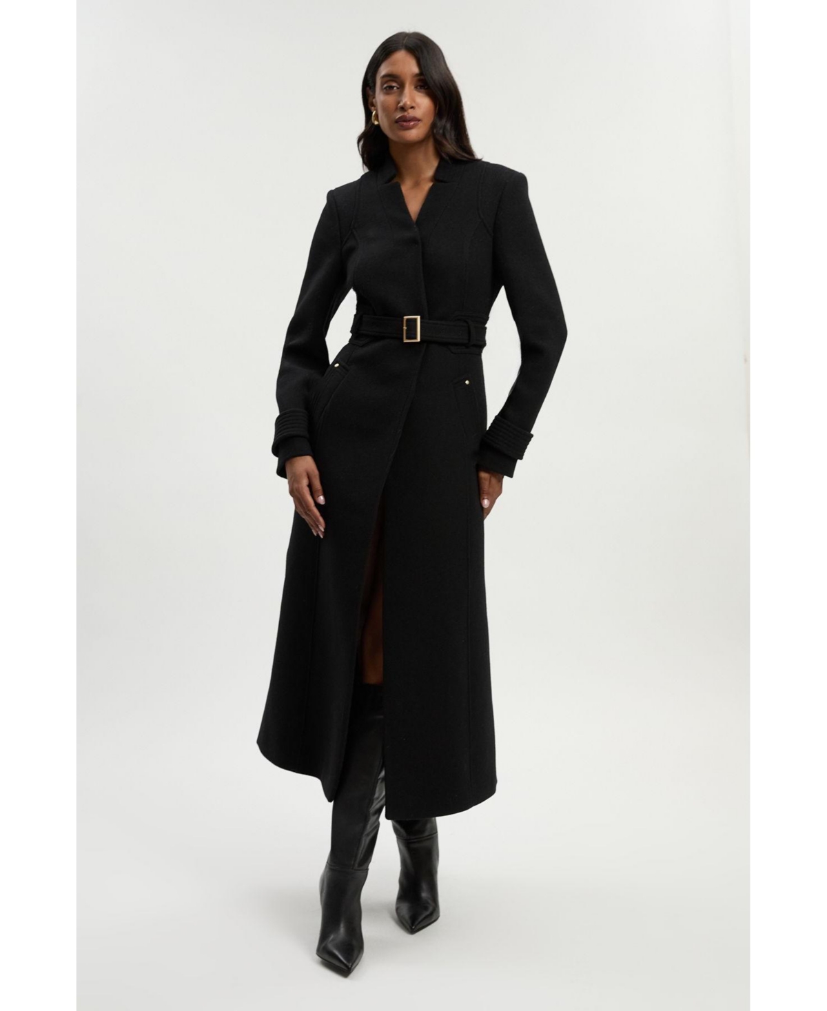 Karen Millen Women's Wool Notch Neck Belted Maxi Coat