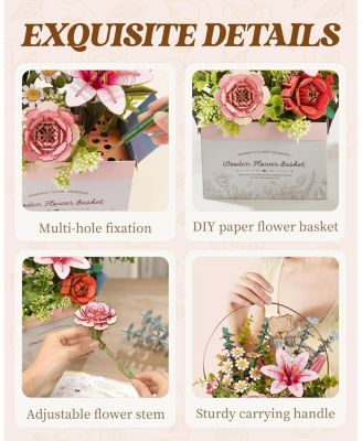 3D Puzzle, Wooden Flower Basket with Exquisite Accessories, Decorative Building Kits for Kids Adults, Multicolored, 11"5.9"11.8