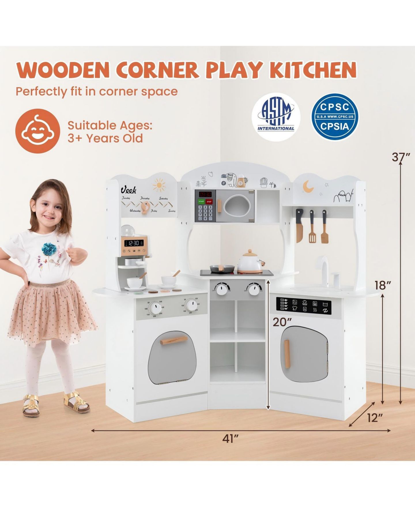 Детская игрушка HONGGE Wooden Play Kitchen with Slide and Coffee Maker, Ages 3+, цвет: Белый — фото 4