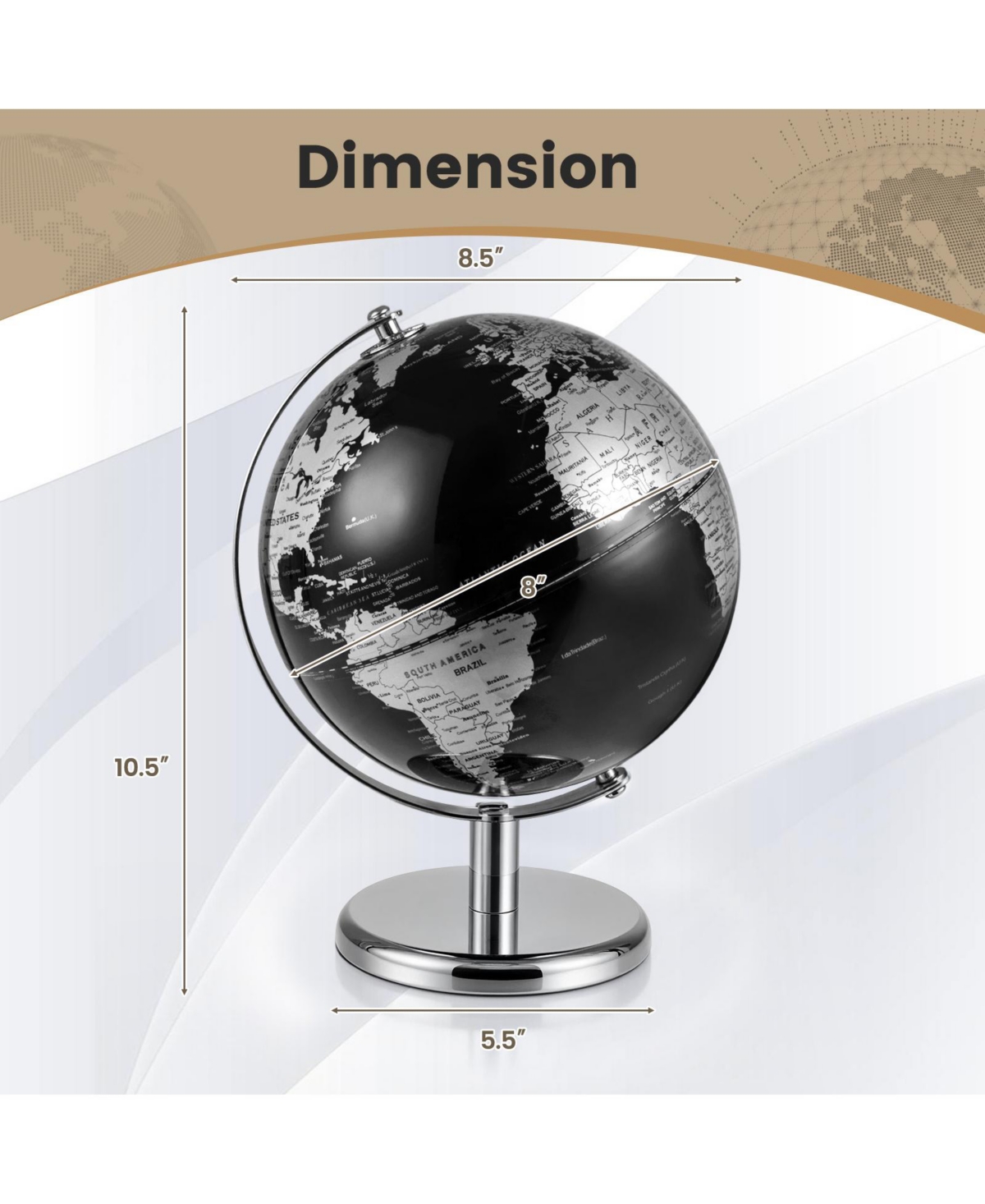 Hongge 8-Inch Decorative World Globe with Modern Metal Stand