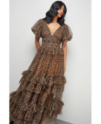 Women's Zebra Print Tulle Ruffle Maxi Dress