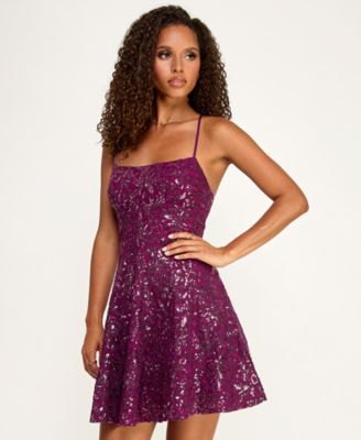 Juniors' Sequined Lace Fit & Flare Dress