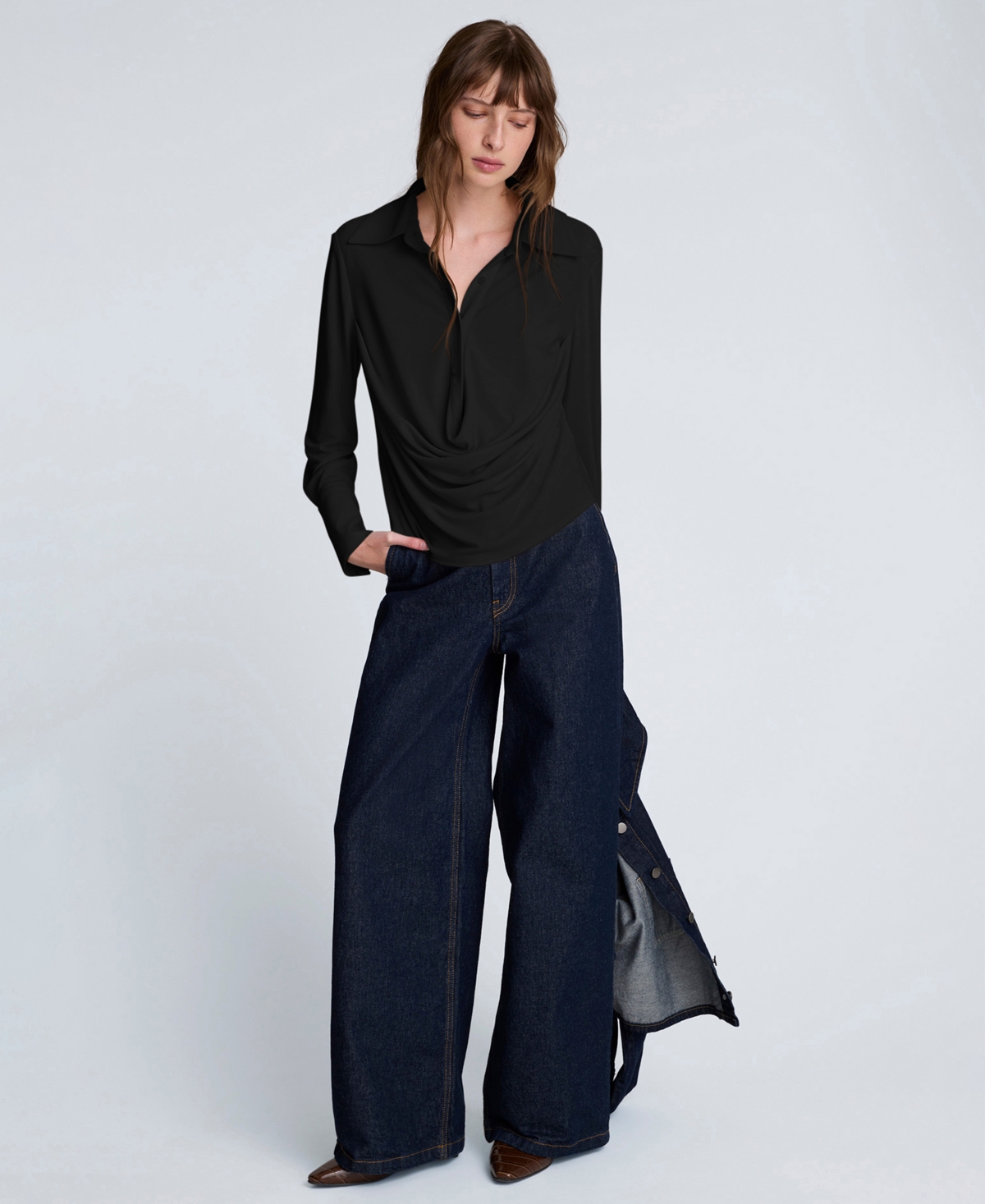 Kenneth Cole Drape Front Pullover Shirt In Black