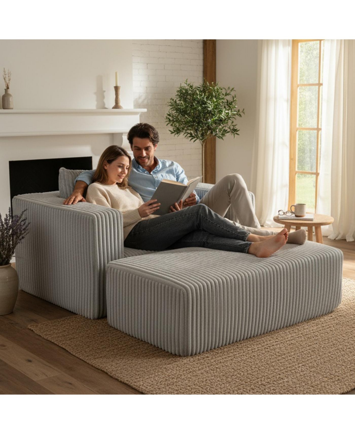 Streamdale Oversized Corduroy Lounge Chair with Ottoman, Modular Deep-Seat Floor Couch - Smoke Grey