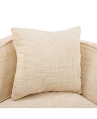 Beige curved two-person compress sofa with armrests and two pillows.