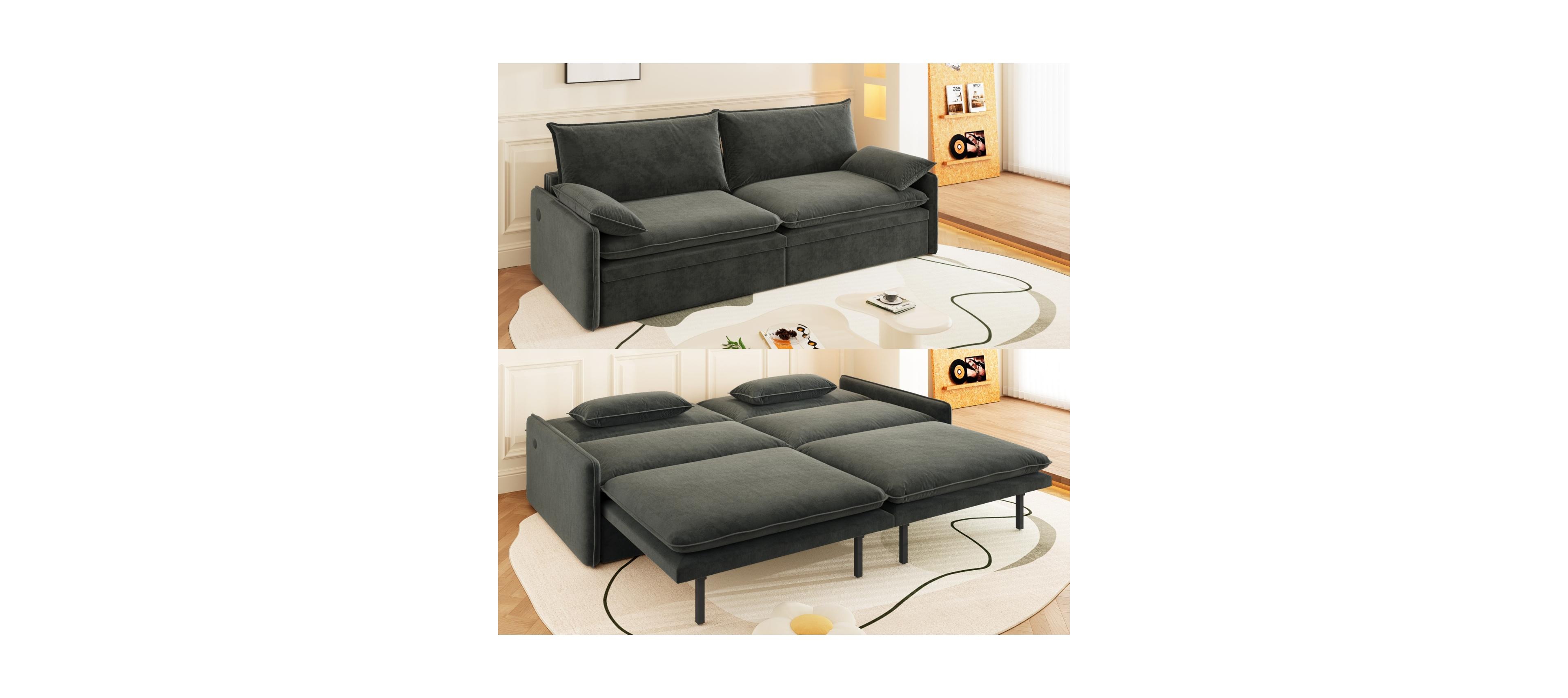 Streamdale 4-Seat Chenille Convertible Sleeper Sofa with Storage & Usb, Dark Grey