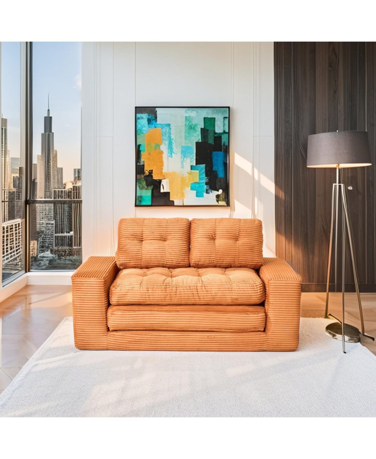 Streamdale Furniture Orange Corduroy Loveseat Sofa Bed with Memory Foam - No Assembly, Convertible (Orange)