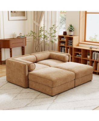 Streamdale Stylish Camel Chenille 2-Seater Sofa with 2 Ottoman Storage Seats
