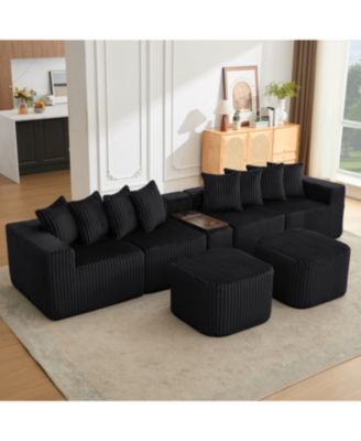 137.5" U-Shaped Sofa, USB/Wireless Charge, Cup Holder Table, Movable, 6 Seats, Black