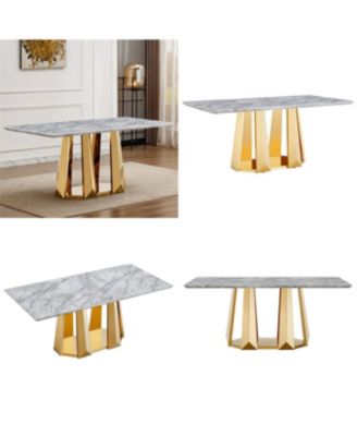Streamdale Marble Dining Table for 6, 70" Rectangle Faux Marble w/ Mirrored Stainless Steel Base (Gold, Gray