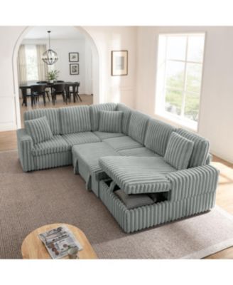 Streamdale Grey Corduroy U-shaped Sofa with Pull-out Bed & Storage Chaise