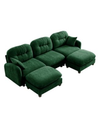 Modular U-Shaped Chenille Couch with Ottoman & Pillows, Green