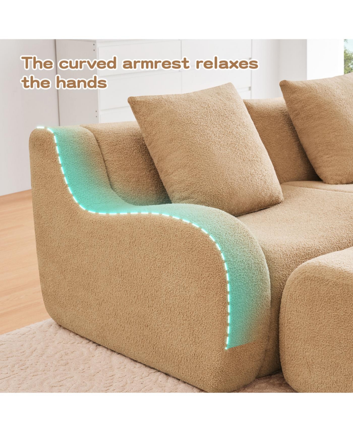 Streamdale Furniture L-Shaped 4-Seat Boneless Sofa, Teddy Fabric, No Assembly, Camel