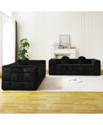 Modern Boneless Couch with Two Circular Throw Pillows, Checkered Design