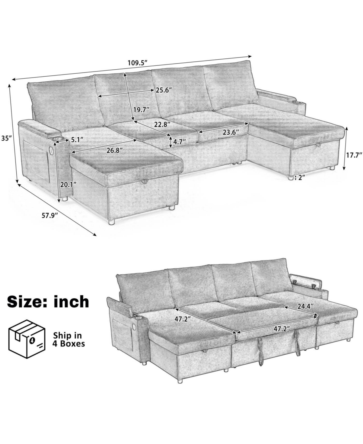 Streamdale Furniture Convertible U-Shaped Sectional Sofa with Storage, Cup Holders & Usb Ports, Black