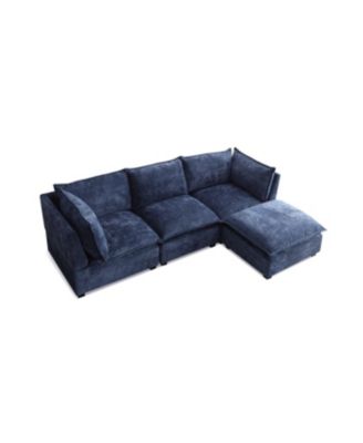 Modern Linen L-Shape Sectional Sofa with Convertible Ottoman - Blue