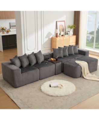 Streamdale  U-Shaped Sofa, USB/Wireless Charge, Cup Holder, Movable, Gray Corduroy