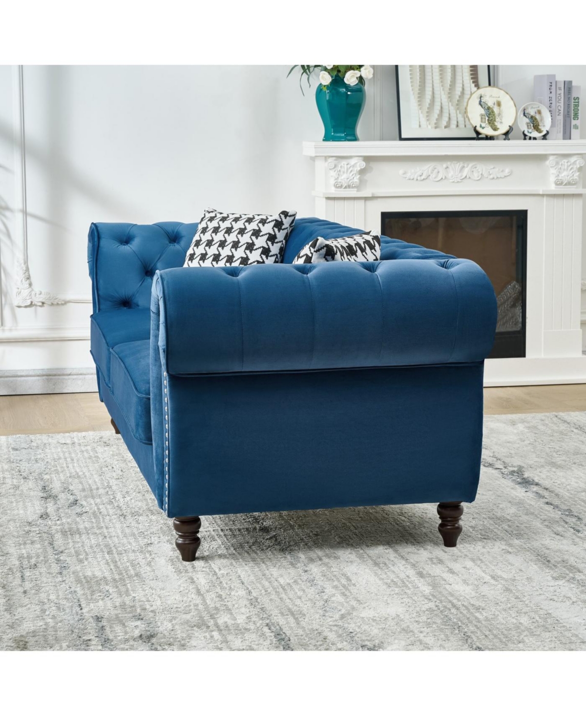 Streamdale Furniture 67" Chesterfield Velvet Sofa with Roll Armrest & Nailhead, Mid Century Modern Couch, Blue