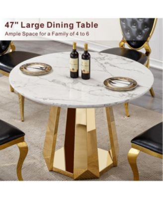 Round Marble Dining Table with Stainless Steel Base (Gold, White)