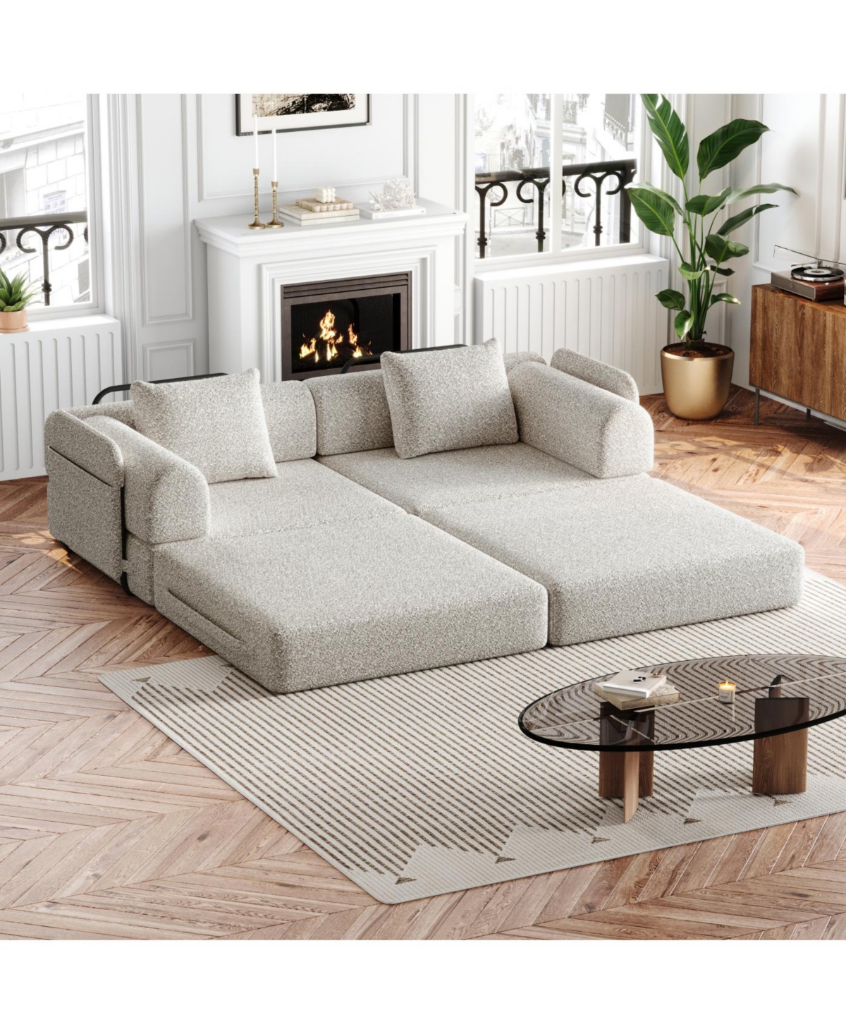 Streamdale 4-seater chenille convertible sofa bed with side storage, folding.