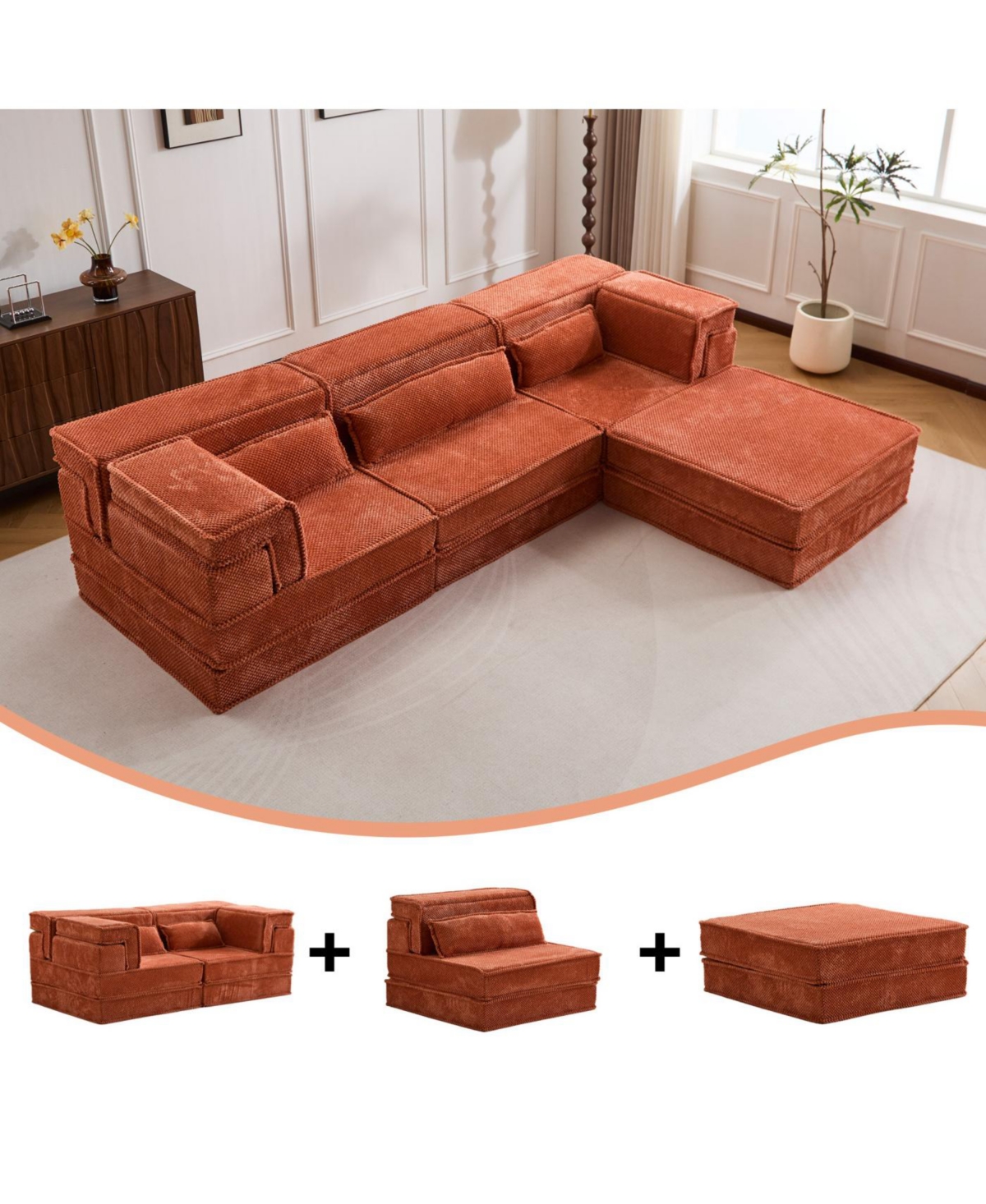Streamdale Furniture Orange Compression Sofa, Convertible Floor Sofa Bed