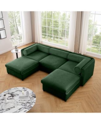 Elegant Green Chenille U-Shaped Sofa with Storage Seat and Ottoman