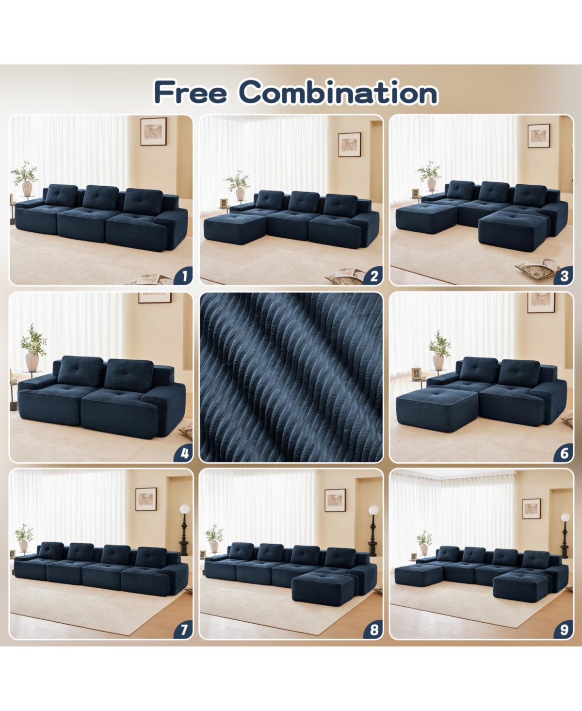 Streamdale Furniture Modern L-Shaped Corduroy Sectional Sofa with Movable Ottoman, Blue