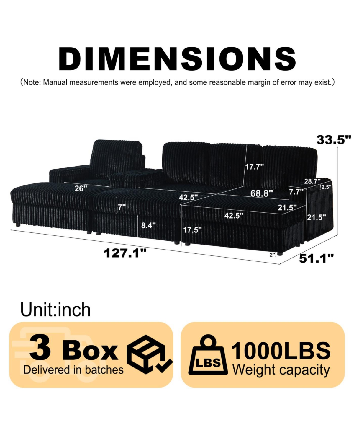 Streamdale Corduroy 3-Seater Sofa with Cup Holders for Living Room