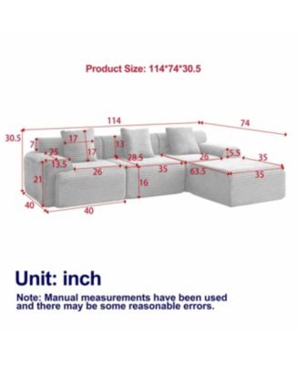 Streamdale 114-inch Corduroy Modular Sofa with Inlaid Design, 3 Pillows & 4 Configurable Modules.