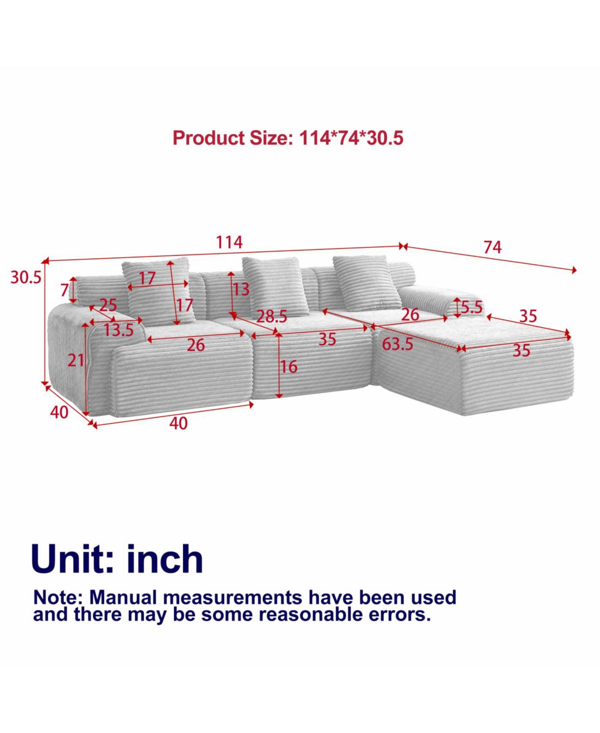 Streamdale 114-inch Corduroy Modular Sofa with Inlaid Design, 3 Pillows & 4 Configurable Modules.