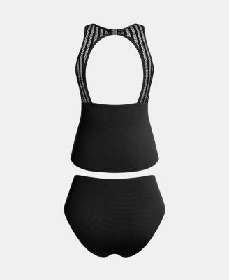 Women's High Neck Back Hook Mesh Cutout Tankini Sets