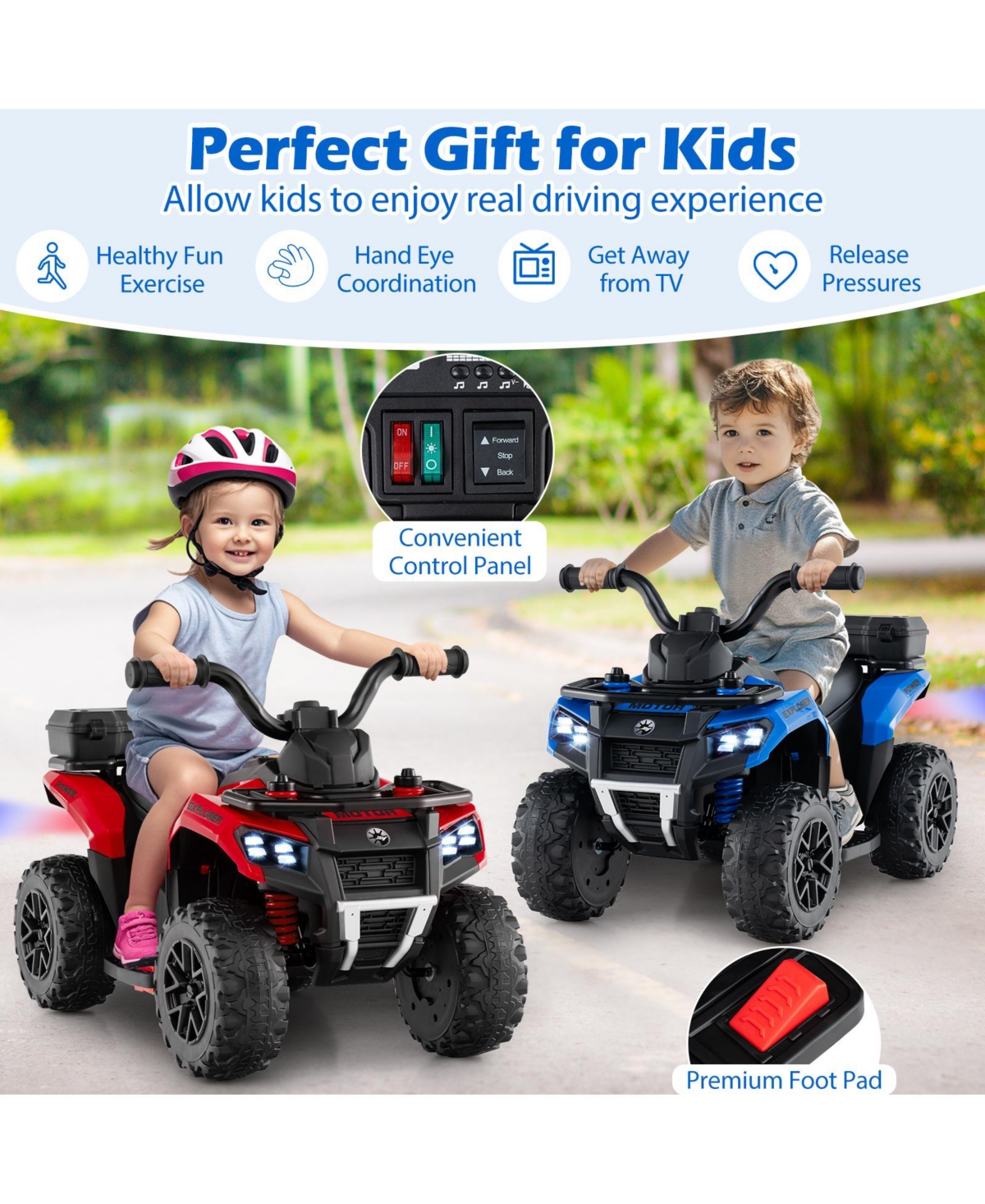 Hongge 6V Kids Ride-On Atv with Spray Function, Music, and Rear Storage Box