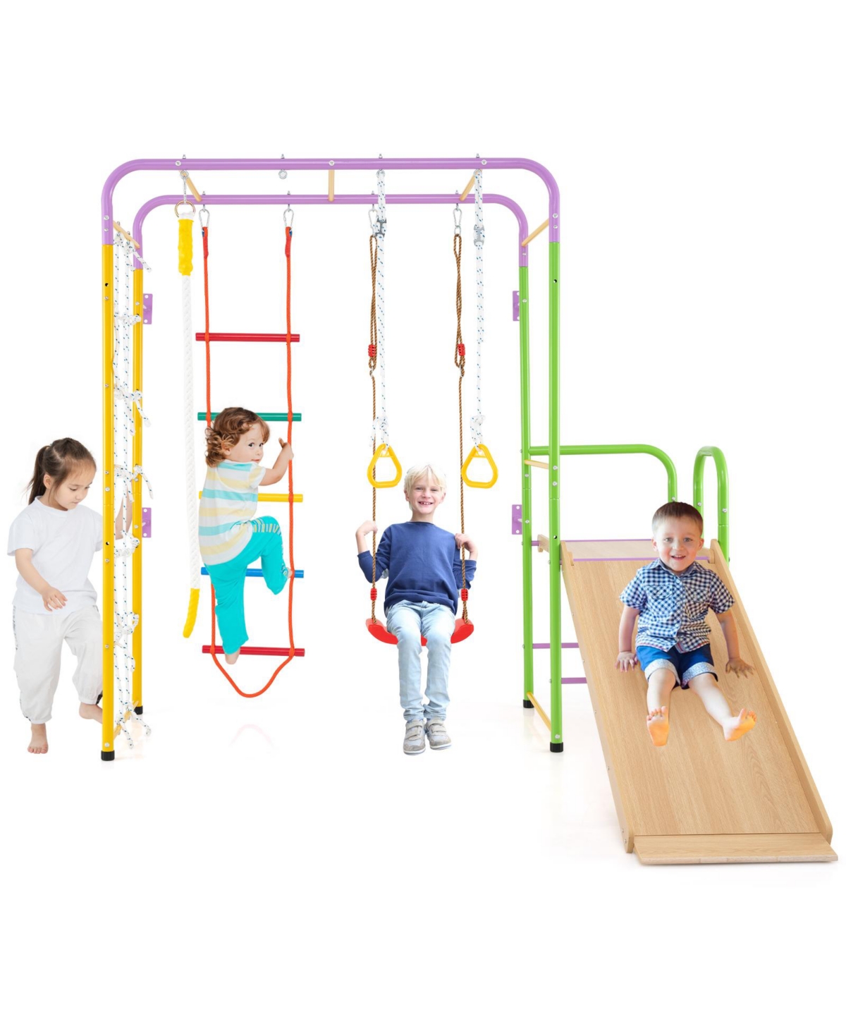 Hongge 8-in-1 Metal Indoor Jungle Gym Playset with Climbing Bars and Swing