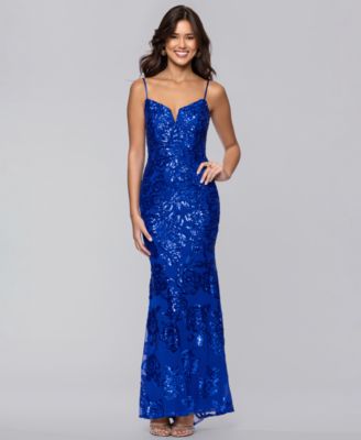 Juniors' Long Sequin Rose Patterned Notched Gown