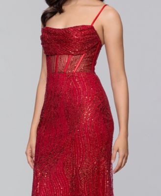 Juniors' Long Glitter Draped Illusion Bodice Gown 