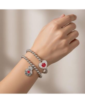 Set of 2 Medical ID Bracelet Teddy Bear & Heart Charm Silver Tone Beads