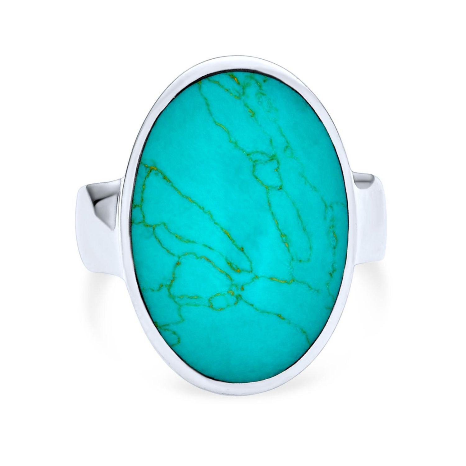 Large Oval Cabochon Stabilized Blue Turquoise Bezel Set Statement Ring Sterling Silver