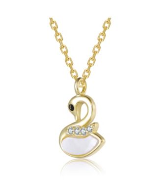 14K Gold Plated with Black Eyes, Clear Cubic Zirconia Graceful Swan Design Pendant Necklace For Kids