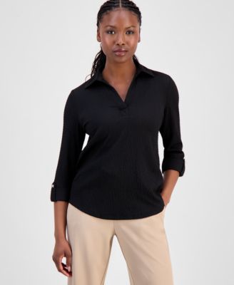 Petite Textured Split-Neck Top