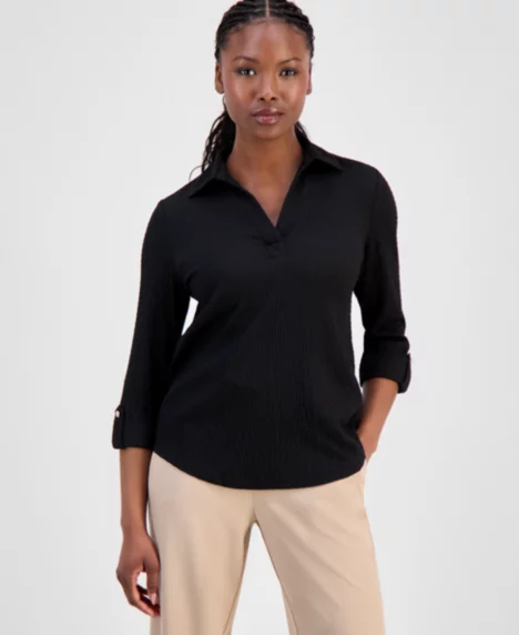 AK Anne Klein Petite Textured Split-Neck Top - Anne Black